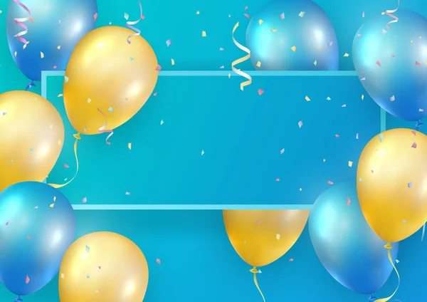 Elegant blue yellow ballon and party popper ribbon Happy Birthday celebration card banner template background