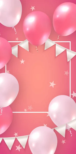 Elegante Rosa Rosa Balão Fita Bandeira Conjunto Feliz Aniversário Festa — Fotografia de Stock