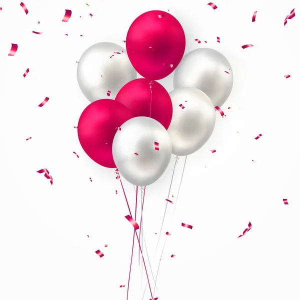 Elegante Vermelho Prata Balão Branco Festa Popper Fita Feliz Aniversário — Fotografia de Stock