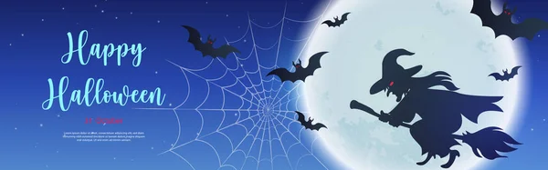 Glückliche Halloween Hexe Die Auf Einem Besenstiel Mit Vollmond Hintergrund — Stockvektor