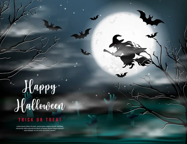 Happy Halloween Full Moon Night Graveyard Witch Riding Broomstick Bat — Stock Vector