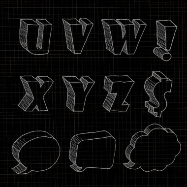 3D hand drawn uppercase alphabets and notations in black background.