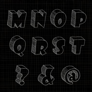 3D hand drawn uppercase alphabets and notations in black background.