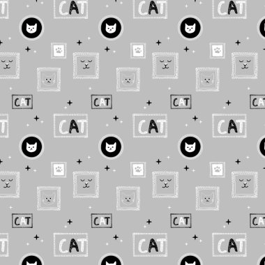 Hand drawn cat pattern background in pink tone