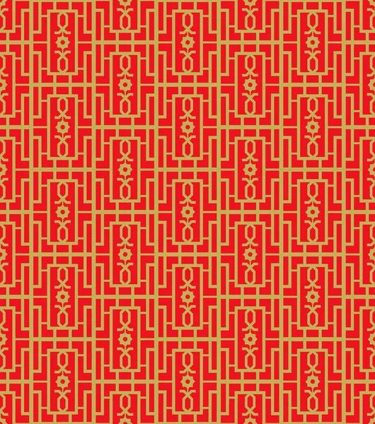 Golden seamless chinês janela tracery quadrado geometria padrão fundo . — Vetor de Stock