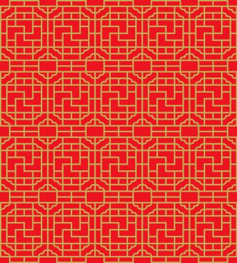 Golden seamless Chinese window tracery square spiral geometry pattern background.