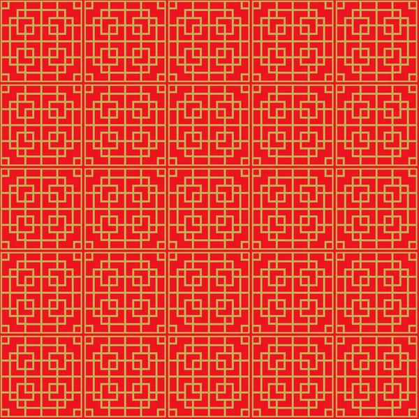 Golden seamless Chinese window tracery lattice square geometry pattern background. — Stockový vektor