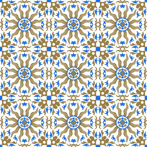 Image de fond sans couture de motif kaléidoscope bleu soleil doré vintage . — Image vectorielle