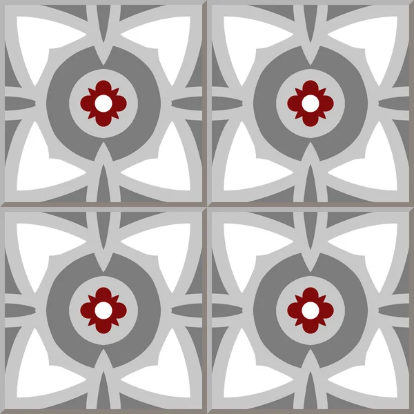 Vintage seamless wall tiles of grey round red flower. Moroccan, Portuguese. — ストックベクタ