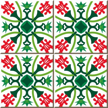 Vintage seamless wall tiles of red flower green calyx. Moroccan, Portuguese.
