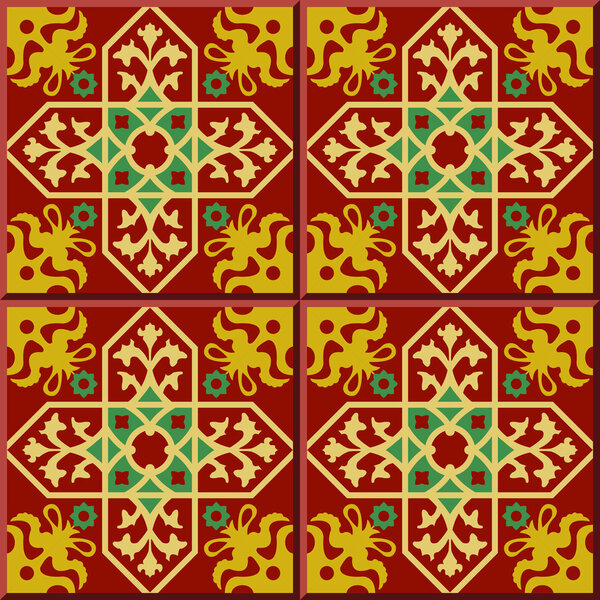 Vintage seamless wall tiles of red cross flower. Moroccan, Portuguese.