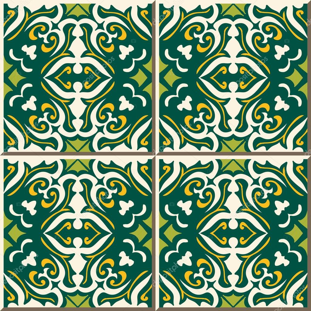 Vintage seamless wall tiles of green leaf spiral. Moroccan, Portuguese.