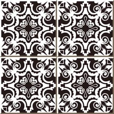 Vintage seamless wall tiles of black spiral vine, Moroccan, Portuguese.