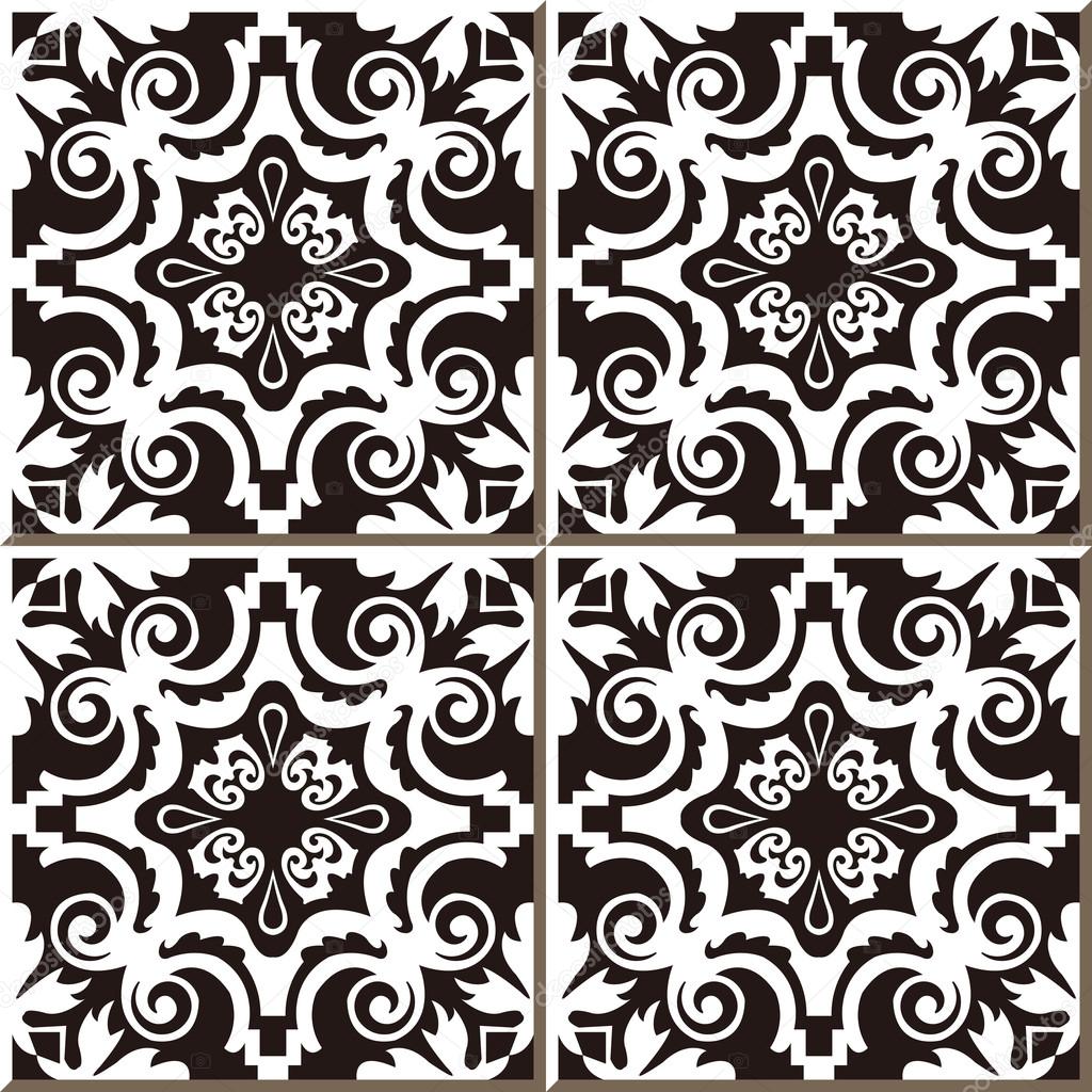 Vintage seamless wall tiles of black spiral vine, Moroccan, Portuguese.