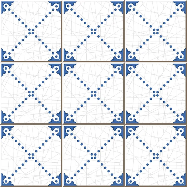 Vintage seamless wall tiles of blue dot line, Moroccan, Portuguese. — Stok Vektör