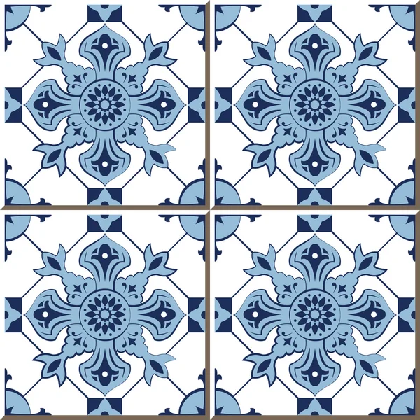 Vintage seamless wall tiles of blue check kaleidoscope, Moroccan, Portuguese. — Stockový vektor