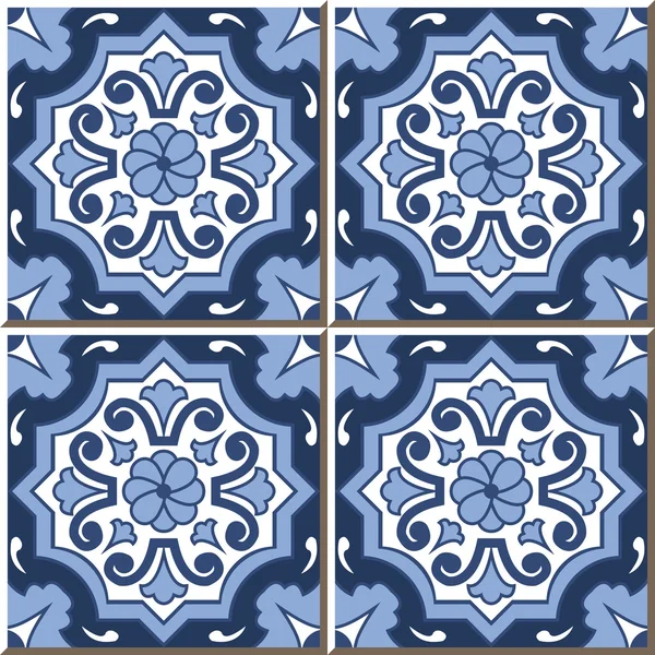 Vintage seamless wall tiles of blue tone round flower, Moroccan, Portuguese. — Stock Vector