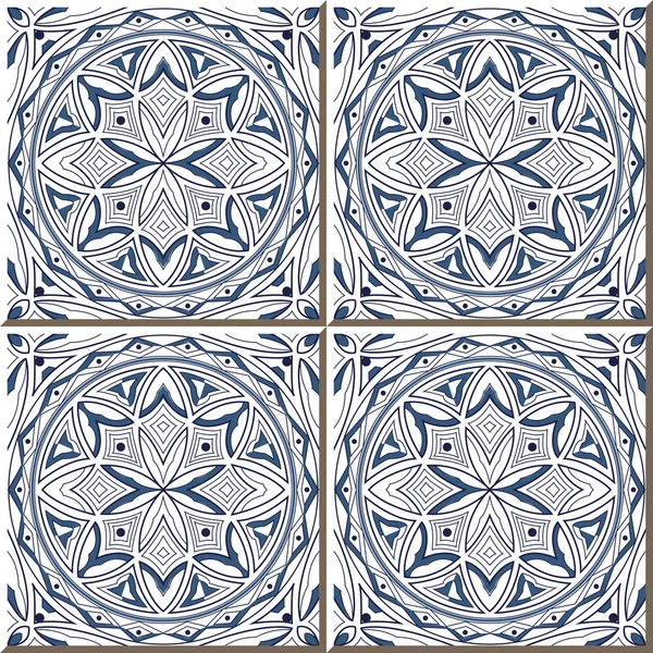 Vintage seamless wall tiles of blue round geometry outline, Moroccan, Portuguese. — 스톡 벡터