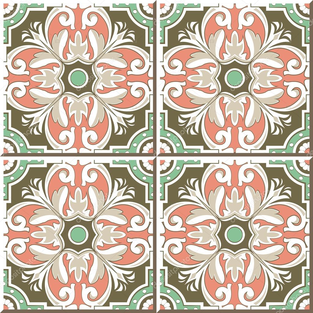 Vintage seamless wall tiles of round spiral flower, Moroccan, Portuguese.