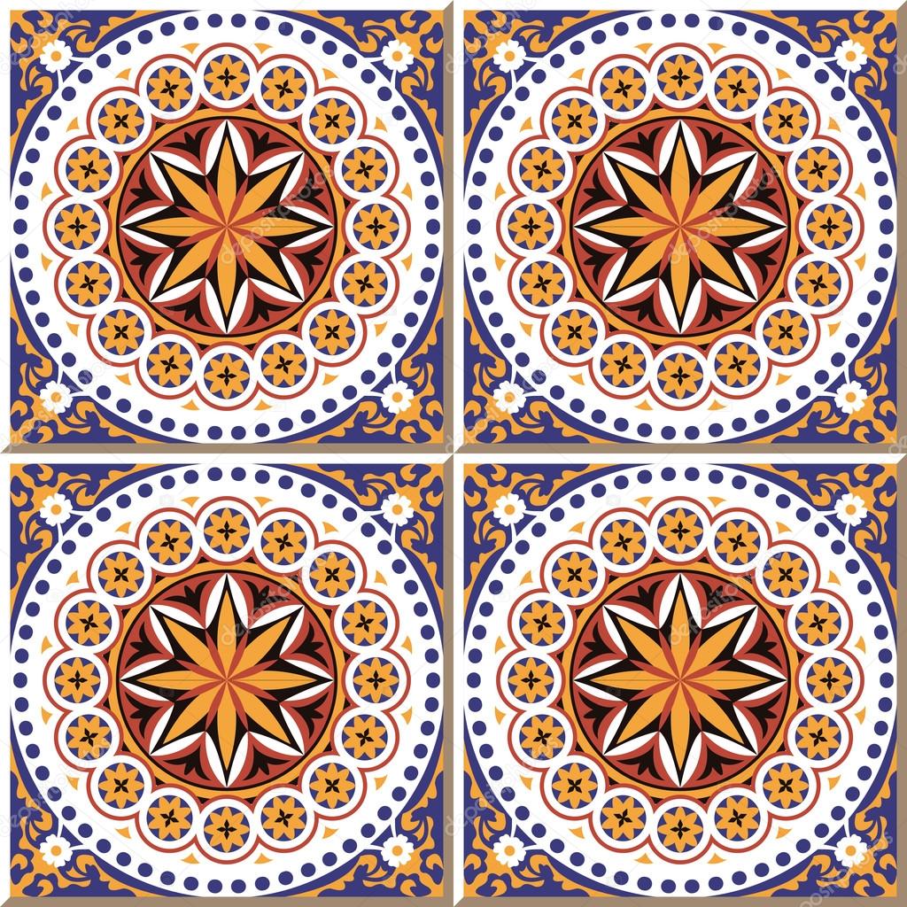 Vintage seamless wall tiles of round dot flower, Moroccan, Portuguese.