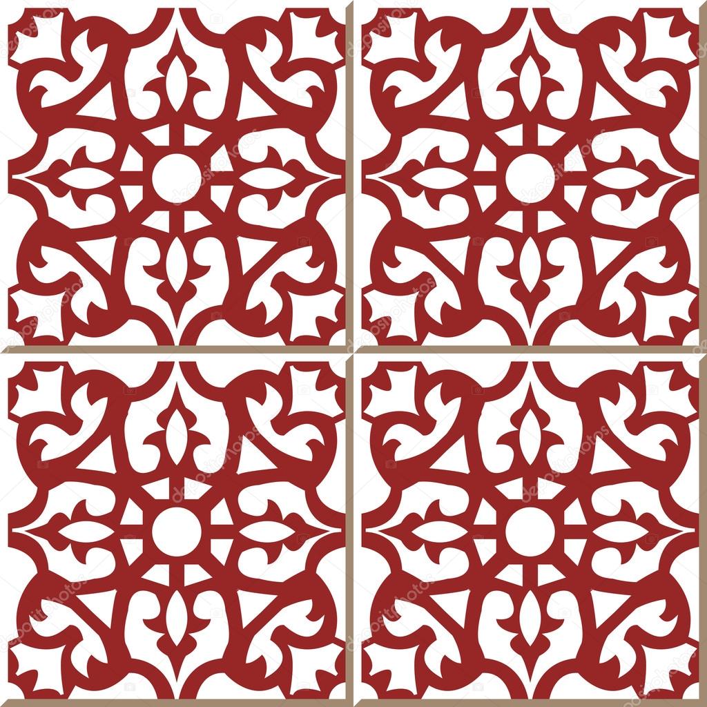 Vintage seamless wall tiles of red flower kaleidoscope, Moroccan, Portuguese.