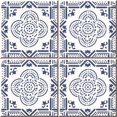 Vintage seamless wall tiles of blue line round cross, Moroccan, Portuguese.