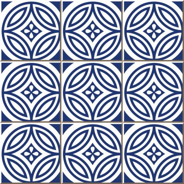 Vintage seamless wall tiles of blue round cross flower, Moroccan, Portuguese.