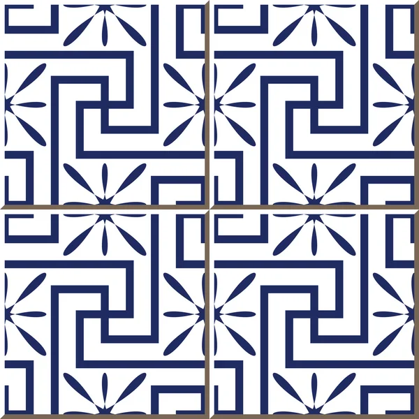 Vintage seamless wall tiles of blue square spiral cross flower, Moroccan, Portuguese. — Stock Vector