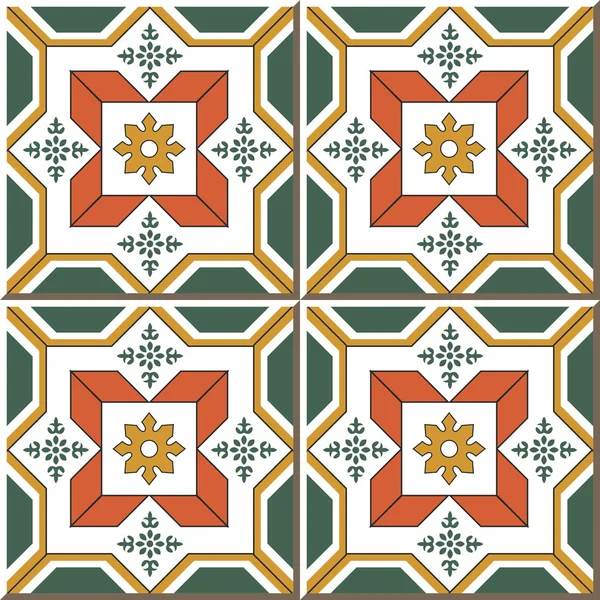 Vintage seamless wall tiles of cross square green orange flower, Moroccan, Portuguese. — стоковий вектор