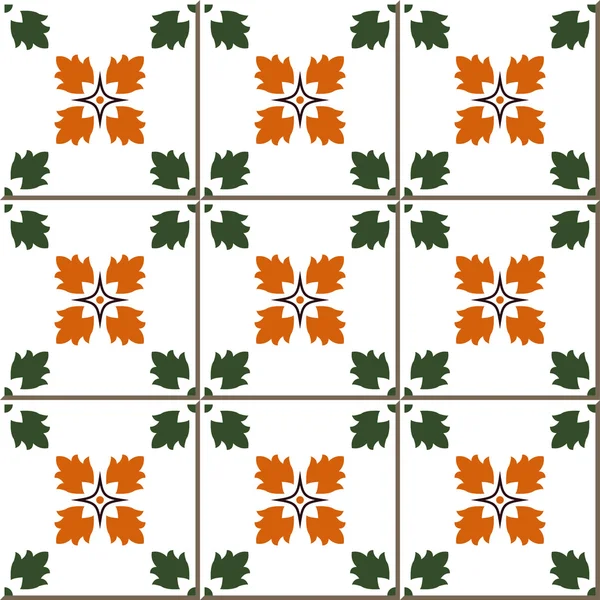 Vintage seamless wall tiles of green orange square flower, Moroccan, Portuguese. — Stock Vector