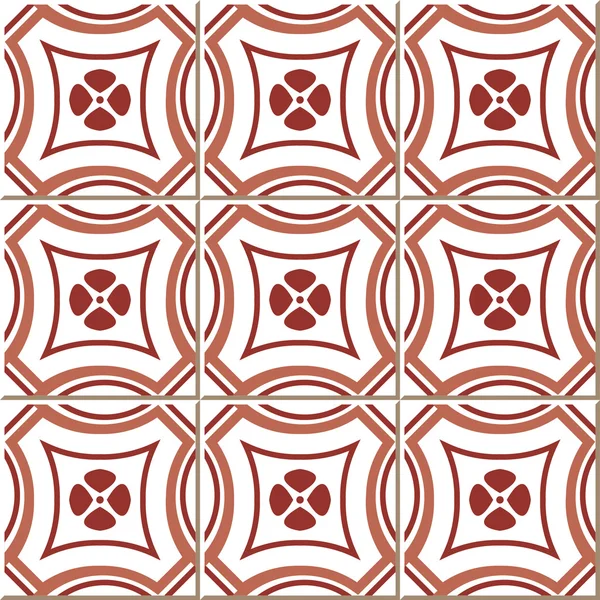 Vintage seamless wall tiles of red round cross flower, Moroccan, Portuguese. — Stock vektor