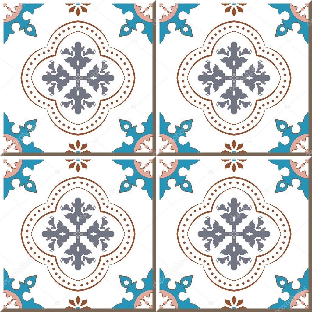 Vintage seamless wall tiles of round flower dot line, Moroccan, Portuguese.