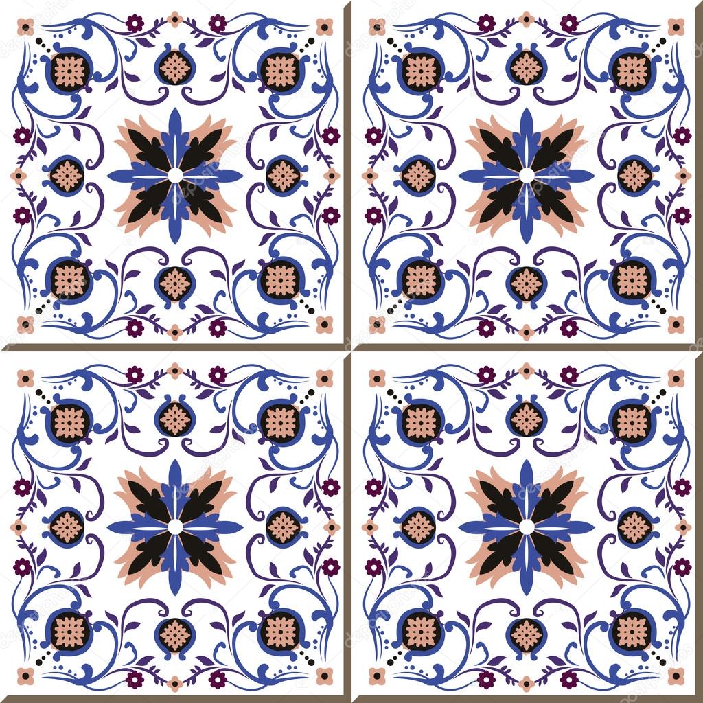 Vintage seamless wall tiles of spiral cross flower, Moroccan, Portuguese.