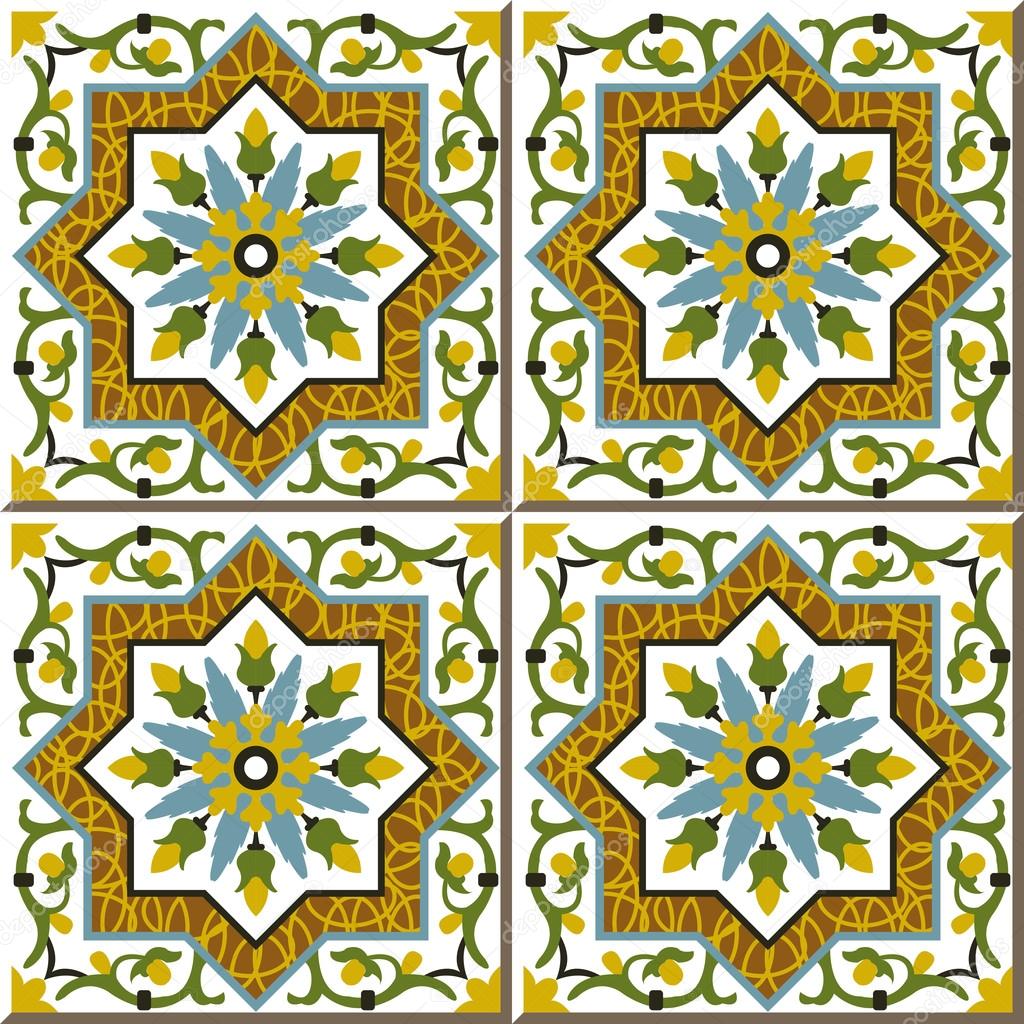 Vintage seamless wall tiles of spiral vine flower star, Moroccan, Portuguese.