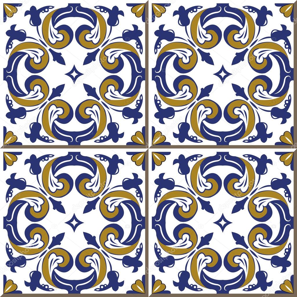 Vintage seamless wall tiles of round spiral flower, Moroccan, Portuguese.