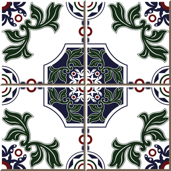 Vintage seamless wall tiles of green leaf round polygon, Moroccan, Portuguese.