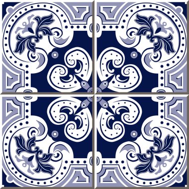 Vintage seamless wall tiles of blue spiral round dot, Moroccan, Portuguese.