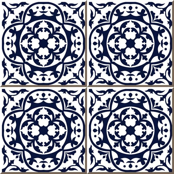 Vintage seamless wall tiles of blue round curve vine, Moroccan, Portuguese. — Stock vektor