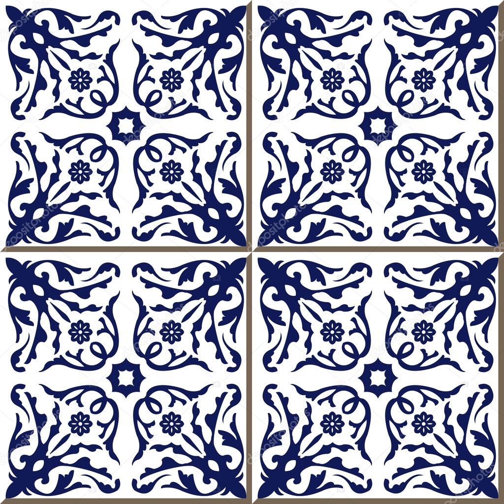 Vintage seamless wall tiles of blue spiral flower vine, Moroccan, Portuguese.
