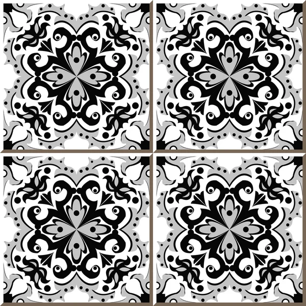 Vintage seamless wall tiles of black gray spiral flower, Moroccan, Portuguese. — Stockvector