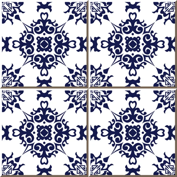 Telhas de parede sem costura vintage de azul espiral folha cruz flor, marroquino, Português . — Vetor de Stock