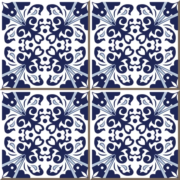 Vintage seamless wall tiles of blue spiral leaf cross flower, Moroccan, Portuguese. — Stock Vector