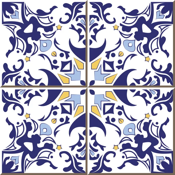 Vintage seamless wall tiles of blue geometry kaleidoscope, Moroccan, Portuguese. — 스톡 벡터