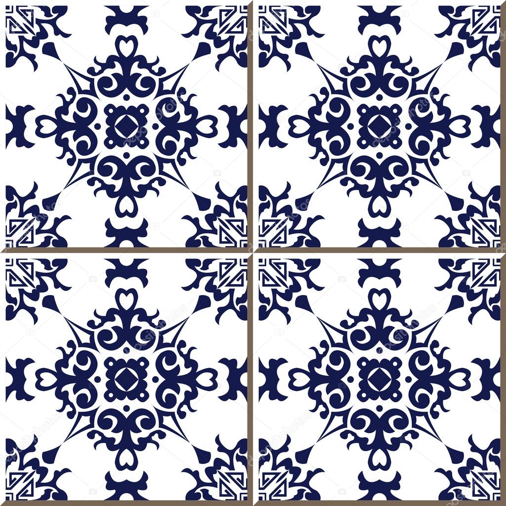 Vintage seamless wall tiles of blue spiral leaf cross flower, Moroccan, Portuguese.