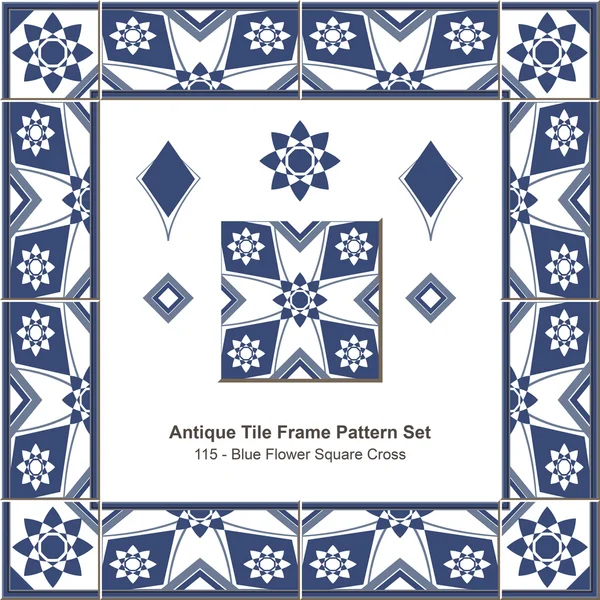 Cornice piastrellata antica set _ 115 Croce quadrata fiore blu — Vettoriale Stock