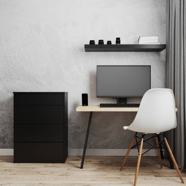 Çatı katı tarzı ahşap masa, beyaz sandalye, siyah çekmeceler ve boş gri duvar, ev yapımı, ev yapımı, ev yapımı, 3D