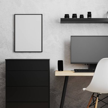 PC, ahşap masa ve beyaz sandalye, ofis işyeri, ev kavramından çalışma, 3D görüntüleme ile iş yerinin yanındaki boş çerçeve