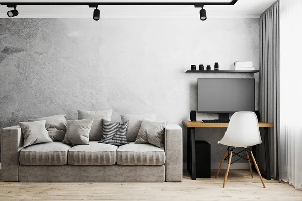 Interior Room Gray Sofa Table White Chair Gray Concrete Wall — Stock Photo, Image