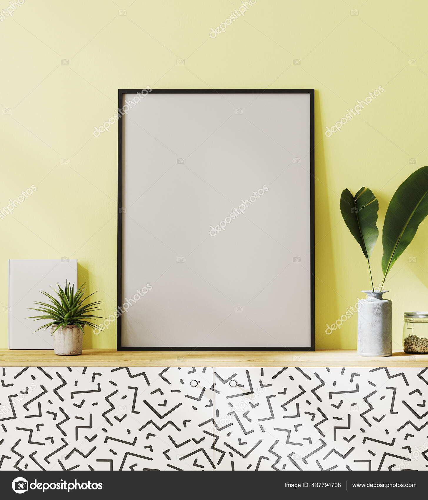 Maquette Cadre Affiche Avec Fond Mural Jaune Sur Placard Noir Image Libre De Droit Par Shcherban C