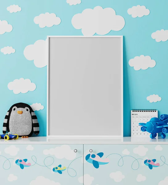 Posterrahmen Attrappe Kinderzimmer Mit Blauer Wolkenwand Kommode Mit Flugzeugdruck Pinguin — Stockfoto